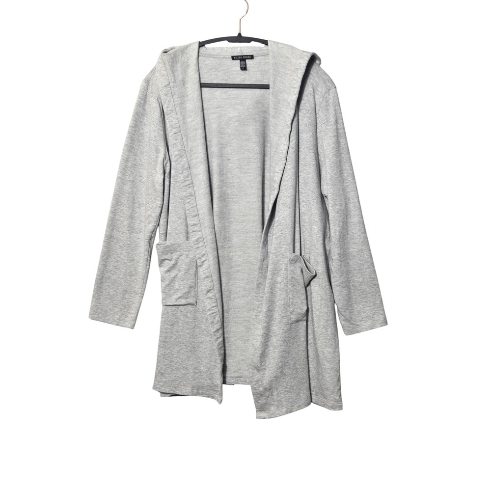 Eileen Fisher Tencel Organic Cotton Hooded Open Front Cardigan Gray L Pockets